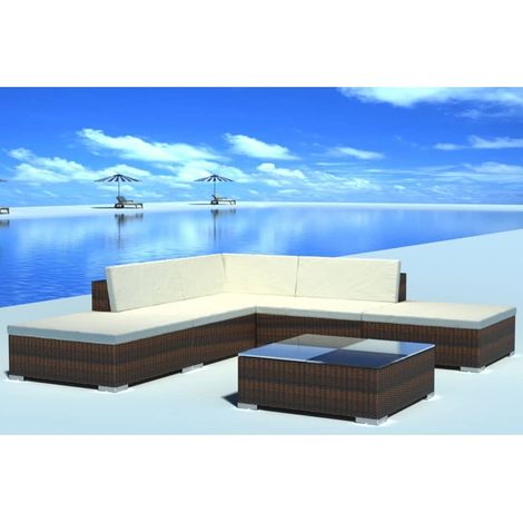 6-tlg. Garten-Lounge-Set mit Auflagen Poly Rattan Braun