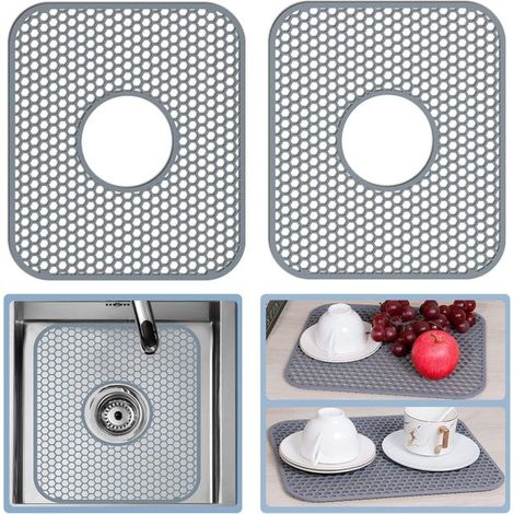 2 pcs Tapis Silicone pour Évier, Anti-Dérapant et Résistant à la Chaleur, Protège Fond d'Évier Cuisine (Drain Central) (1/5)