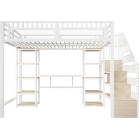 Cama alta 140 x 200 cm de metal y MDF blanco con escritorio, almacenaje, LED y USB (1/5)