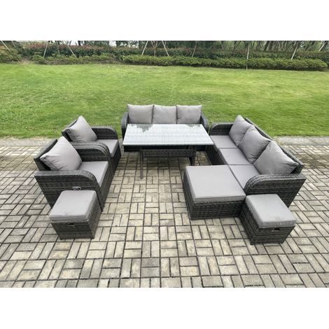 Fimous Outdoor Garden Patio Furniture Wicker Rattan Oblong Rectangular Dining Table and Lounge Sofa set with Adjustable Chair 3 Footstool Dark Grey Mixed (1/5)