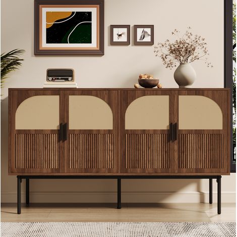 Credenza MDF naturale effetto noce e rattan, 140 x 40 x 80 cm, 4 ante, cerniere ammortizzate (1/5)