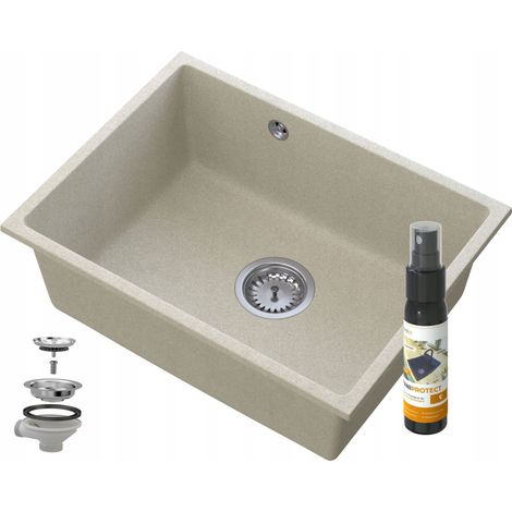 Évier de cuisine en granit Manado 53.5 × 40 cm beige sous plan avec distributeur et siphon (1/5)