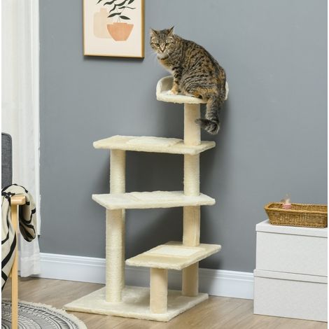 Kratzbaum 100 cm mit Sisalstämmen und großer Plattform für kleine und mittelgroße Katzen, Beige (1/5)