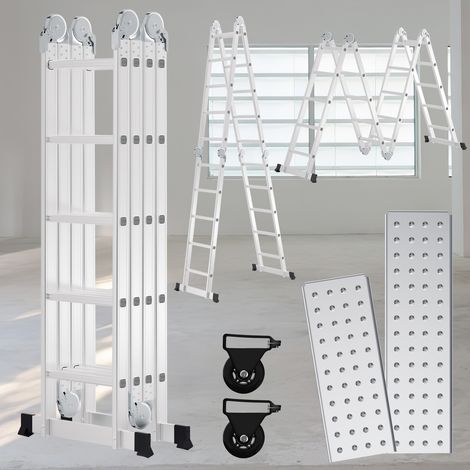 Randaco Escalera plegable articulada 7 en 1 de aluminio, 4x5 peldaños, aprox. 582 cm / 5,8 m, plegable, 2 plataformas + 2 ruedas, carga máxima 150 kg (1/5)