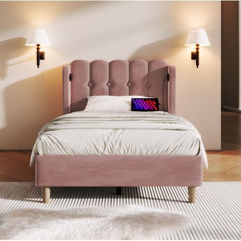 Cama individual tapizada estilo rústico 90x200 cm de terciopelo rosa con cabecero de paneles y puertos USB/USB-C (1/5)