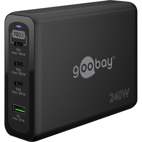 goobay – 240 W Cargador Compacto ultrarrápido USB C, Cargador rápido multipuerto GAN, estación de Carga para 4 Dispositivos, Compatible con iPhone, Samsung, portátiles, tabletas, etc. / 65885