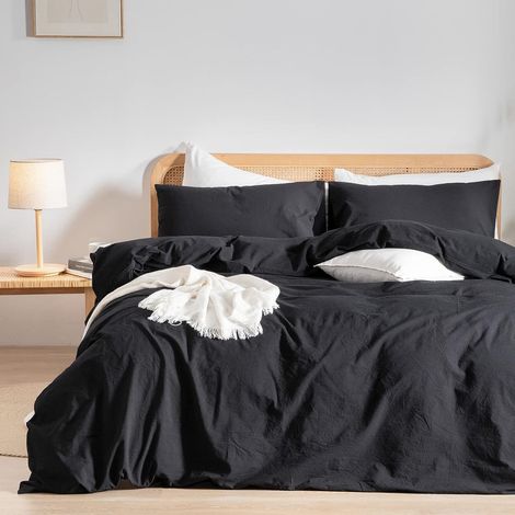 Housse de Couette Coton 220x240cm Noir 100% Coton Parure de Lit 2 Personnes Doux et Confortable Linge de Lit avec 2 Taie d'oreiller 65x65 avec Fermeture Eclair (1/5)