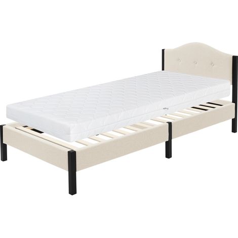 ML-Design Letto Singolo 90x200 cm, con Materasso alto 16 cm, Giroletto, Struttura Robusta, Testiera Imbottita e Rete a Doghe, Telaio in Acciaio e Tessuto di Lino, Beige, per Cameretta (1/5)