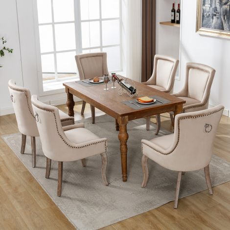 Lot de 6 chaises en velours - avec pieds en bois massif - beige (1/5)
