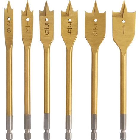 Jeu de 6 forets plats, en acier au carbone, revêtus de titane, pour le travail du bois, diamètre 3/8" à 1".