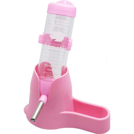 Bouteille d'eau de 125 ml pour hamsters nains, rats, souris et gerbilles - avec base servant de mangeoire et distributeur d'eau. Rose. (1/5)