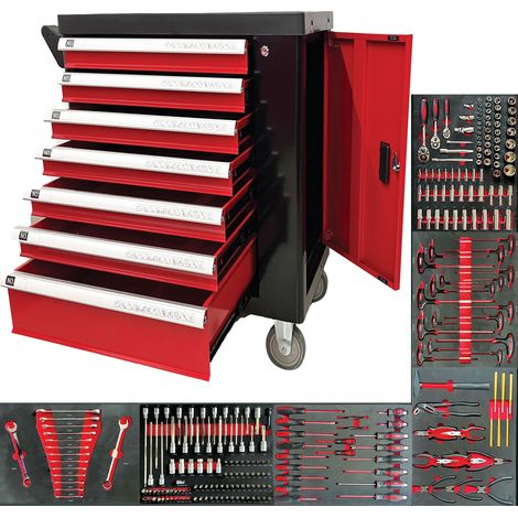 Defpro – Servante d'atelier 7 tiroirs sur roulements à billes – 252 outils inclus – Structure acier renforcé – Capacité 150 kg – Roues avec freins (1/7)