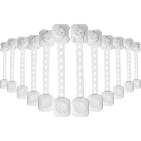 A set of 12 child safety locks, adjustable adhesive, suitable for drawers, refrigerators, and toilets, white.
