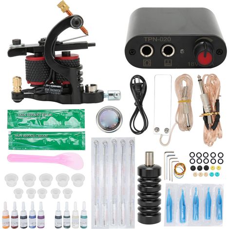 Kit complet de machine à tatouer 10 wraps bobine, mini alimentation 90‑265V prise US, cordon clip, outils professionnels pour tatouage. (1/5)