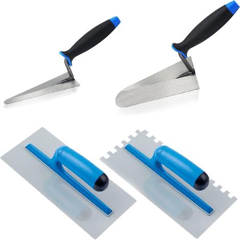Kit 4 utensili per muratore con lame in acciaio: 1 cazzuola da 18 cm, 1 cazzuolino da 14 cm, 1 frattazzo per stucco e 1 frattazzo dentato per colla da (1/5)