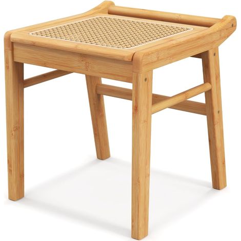 COSTWAY Sgabello per Tavolo da Trucco in Bambù, Sgabello con Seduta in Rattan e Piedini Antiscivolo, per Soggiorno, Camera da Letto, 38 x 40 x 43 cm (1/5)