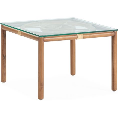 Table basse 50x50x35 bois teck/ratan/verre trempé (1/2)
