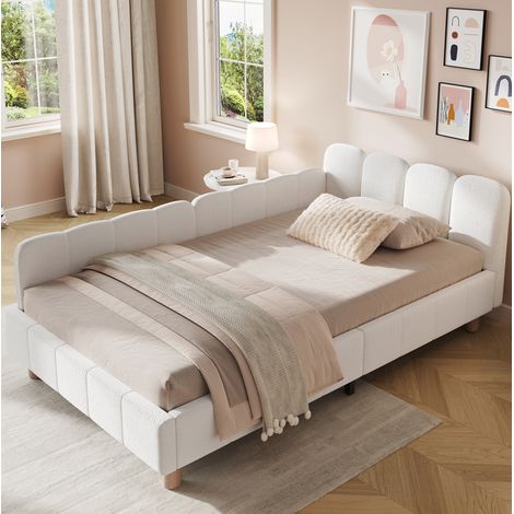 Cama infantil 90x200 cm - Con cabecero y barandilla de seguridad - Con somier de lamas - En bouclé - Beige (1/5)
