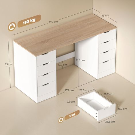 140 cm Computertisch, 8 Schubladen, Schreibtisch für Homeoffice, Schlafzimmer, Stahl, Holz, Weiß (1/5)