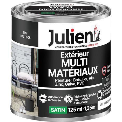 Julien Peinture Multi-Matériaux Satin en phase Aqueuse - Bois, Fer, Alu, PVC, Zinc, Acier galvanisé, brut ou peint - Noir 0,125 L