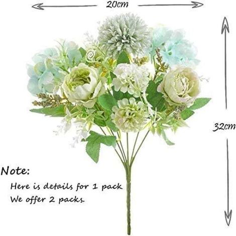 Fleurs artificielles, 2 bouquets de pivoines artificielles en soie, hortensias, œillets et marguerites en plastique (verts) (1/5)