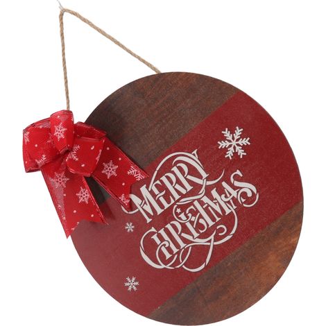 Décoration de porte ronde de Noël en bois avec corde, ornée d'une pancarte et d'une cordelettes. (1/5)