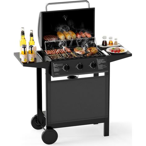 COSTWAY Griglia a Gas con 3 Bruciatori, Griglia da Esterno con Coperchio in Acciaio Inox e Tavolini Laterali, Attrezzatura per Barbecue da Patio su Ruote per Campeggio, Giardino (1/5)