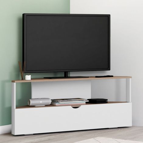 Mueble TV esquinero ELI 100 cm en madera efecto haya y blanco