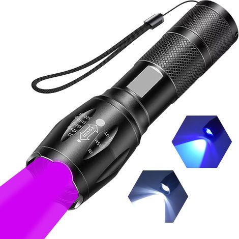 Lampe torche UV portable, lampe torche LED avec lumière blanche et UV, détecteur d'urine de chien/chat, taches sèches, scorpions, punaises de lit, usage extérieur (1/5)