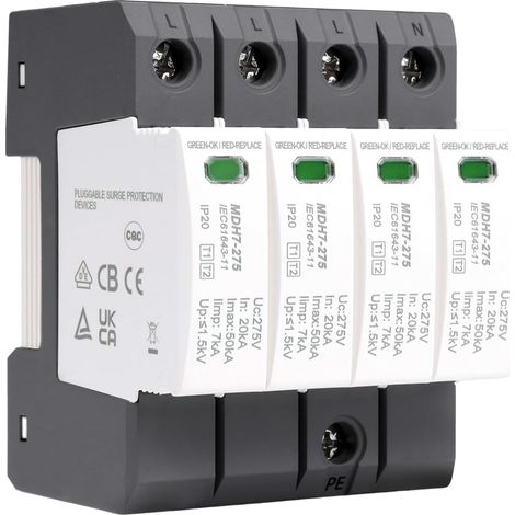 Parafoudre de Type T1+T2 4P Dispositif de Protection Contre Les Surtensions 20kA-50kA 275VAC parasurtenseur parafoudre domestique Montage sur Rail DIN Protection contre la foudre (1/5)