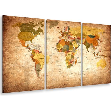 Tableau triptyque carte du monde ton orangé - 90x60 cm (1/4)