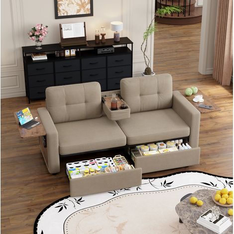 MODFU – Sofá de 2 plazas de chenilla con 2 cajones bajo el asiento, mesitas regulables, portavasos y espuma de alta densidad, carga 300 kg – Caqui (1/5)