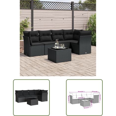 The Living Store Salon de jardin 6 pcs avec coussins noir résine tressée - Ensemble Salon De Jardin - Mobilier De Jardin - Salon De Jardin Design - Meubles De Jardin Résistants - Canapé D'extérieur (1/3)