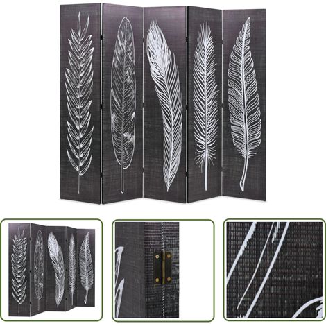 The Living Store Cloison de séparation pliable 200 x 170 cm Plumes Noir et blanc - Cloison De Séparation - Écran De Dressing - Paravent - Cloison Pliante - Décoration Murale (1/5)