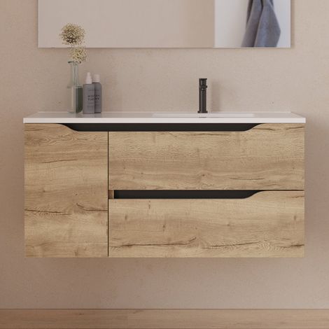 Meuble sous vasque seul, 2 tiroirs et 1 porte, 100cm, pour vasque déportée droite - madera miel (bois clair) - ZARZA