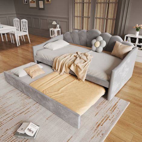 Day bed, 3FT single bed 90x190cm, with Trundle, youth bed, for adults & teenagers, easy assembly, Linen, Grey (1/5)