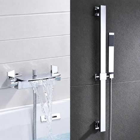 Mitigeur de baignoire cascade mural en laiton électroplaqué avec barre de levage et douchette 4 kg – Livraison gratuite (1/5)