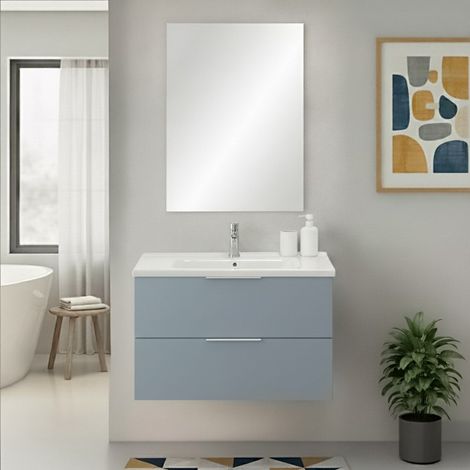 Mobile bagno sospeso 80cm azzurro polvere con cassetti lavabo e specchio Elva (1/5)