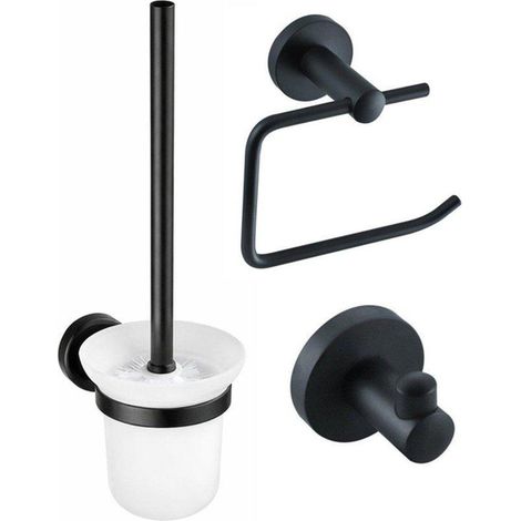 FugaFlow Eccelente Ensemble d'accessoires WC - porte-rouleau de papier toilette avec couvercle - brosse WC - crochet à serviette - noir mat (1/5)