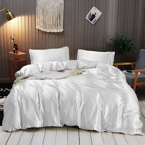 Ensemble de couette en satin de soie ultra doux et luxueux (couette + drap plat + 2 taies d'oreiller) Ensemble de literie confortable et durable, blanc,-Crezuo (1/4)
