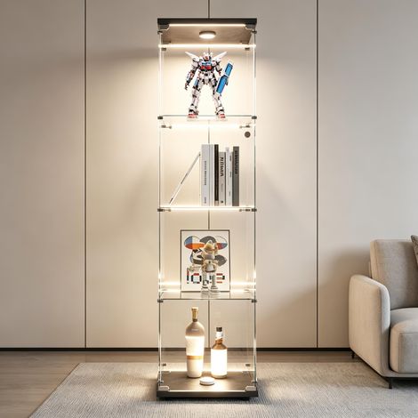 FOERPL-Vetrina a 4 ripiani in vetro per collezioni con illuminazione a LED, vetrina moderna con 4 ripiani e 1 ante, mobile verticale per collezioni autoportanti, vetrina in vetro a parete