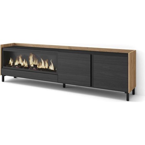 Mueble TV Ronda-01 de 212x61x35 cm con chimenea eléctrica XXL, diseño industrial, color negro y roble (1/4)
