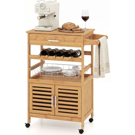 Desserte de Cuisine en Bambou à Roulettes avec Armoire à 2 Portes, Tiroir, Porte-Bouteilles, Étagère en Treillis, Porte-Serviettes, 69x37x89cm (1/5)