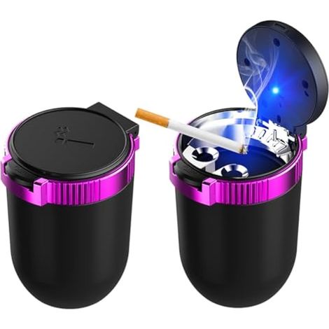 Ohleats Lot de 2 cendriers de voiture avec couvercle, cendriers amovibles en acier inoxydable avec lumière bleue LED, mini porte-gobelet de véhicule, poubelle anti-odeurs, accessoires de voiture (1/5)