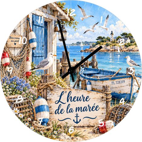 Horloge en verre bord de mer port phare et barque 29 cm (1/2)