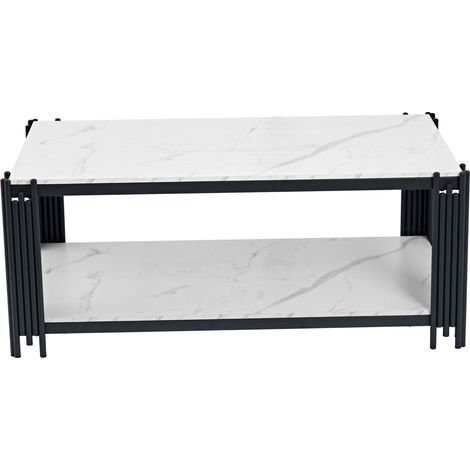 Mesa de centro rectangular con estante, efecto mármol blanco y negro, patas metálicas (1/5)