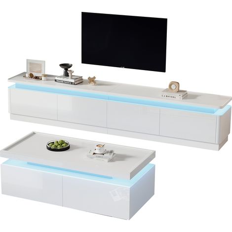 Meuble TV blanc laqué avec LED et 4 tiroirs, pour téléviseur 75 pouces (1/5)