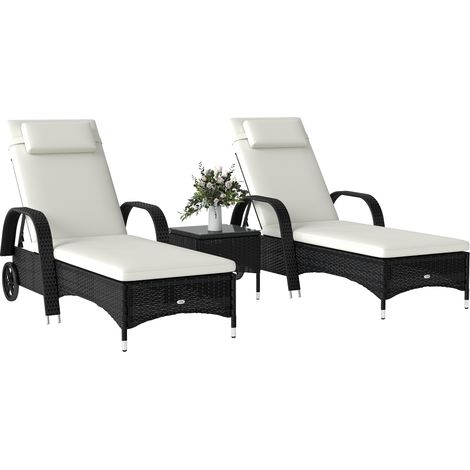 2-Seater Black Woven Resin Sun Lounger with Table (1/5)