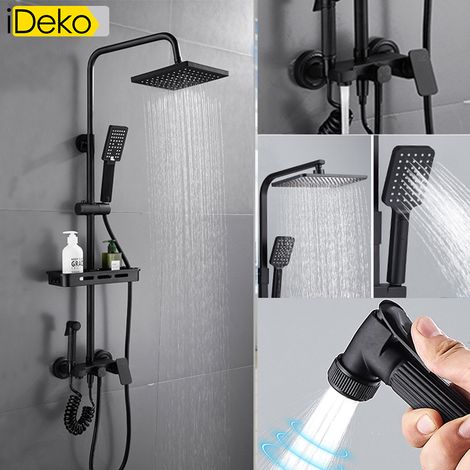 Colonne de douche thermostatique murale en laiton noir – Pommeau effet pluie et douchette à main – Hauteur réglable 800-1250mm – Installation facile – Ideko (1/5)