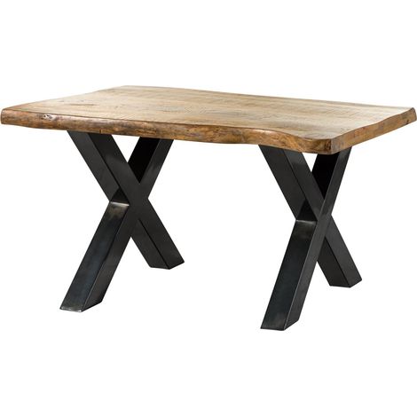 Table à manger 140x90 en bois de manguier laqué naturel pieds en X anthracite brillant FREEFORM 5